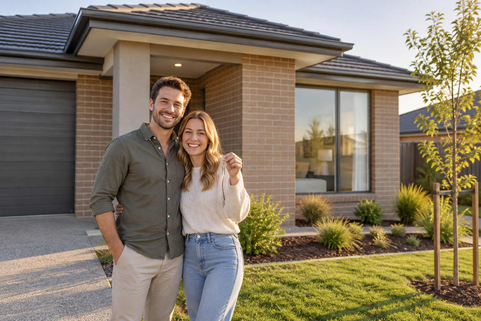 Young couple holding keys on the porch of their new home