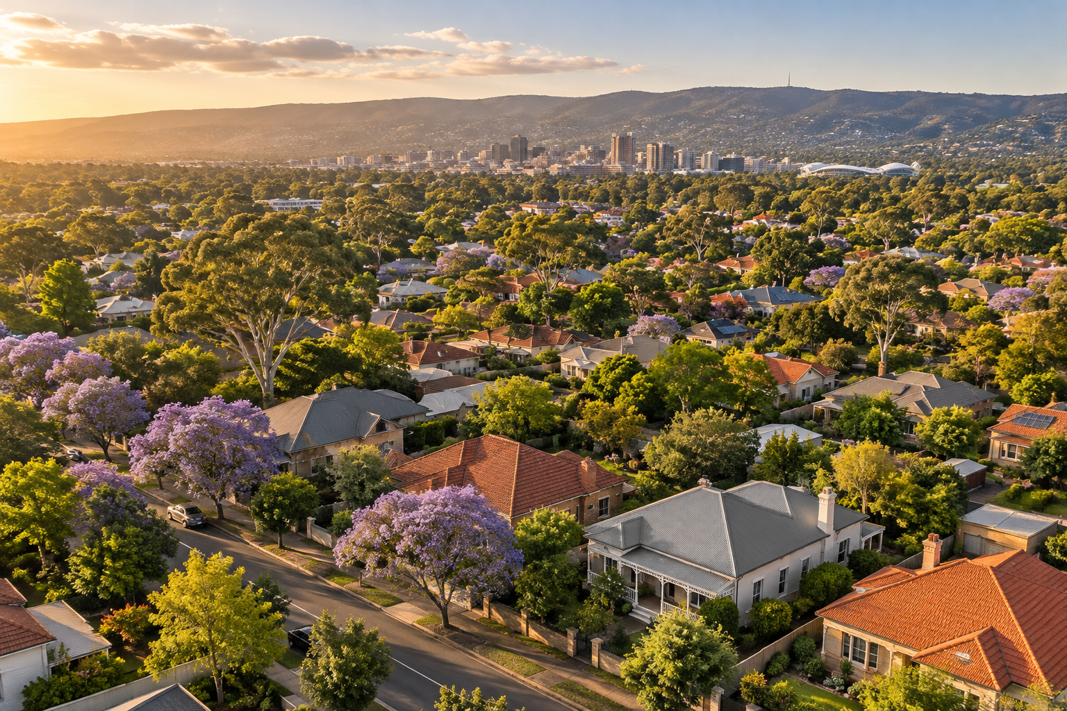 Aerial view over leafy established Adelaide suburbs in spring